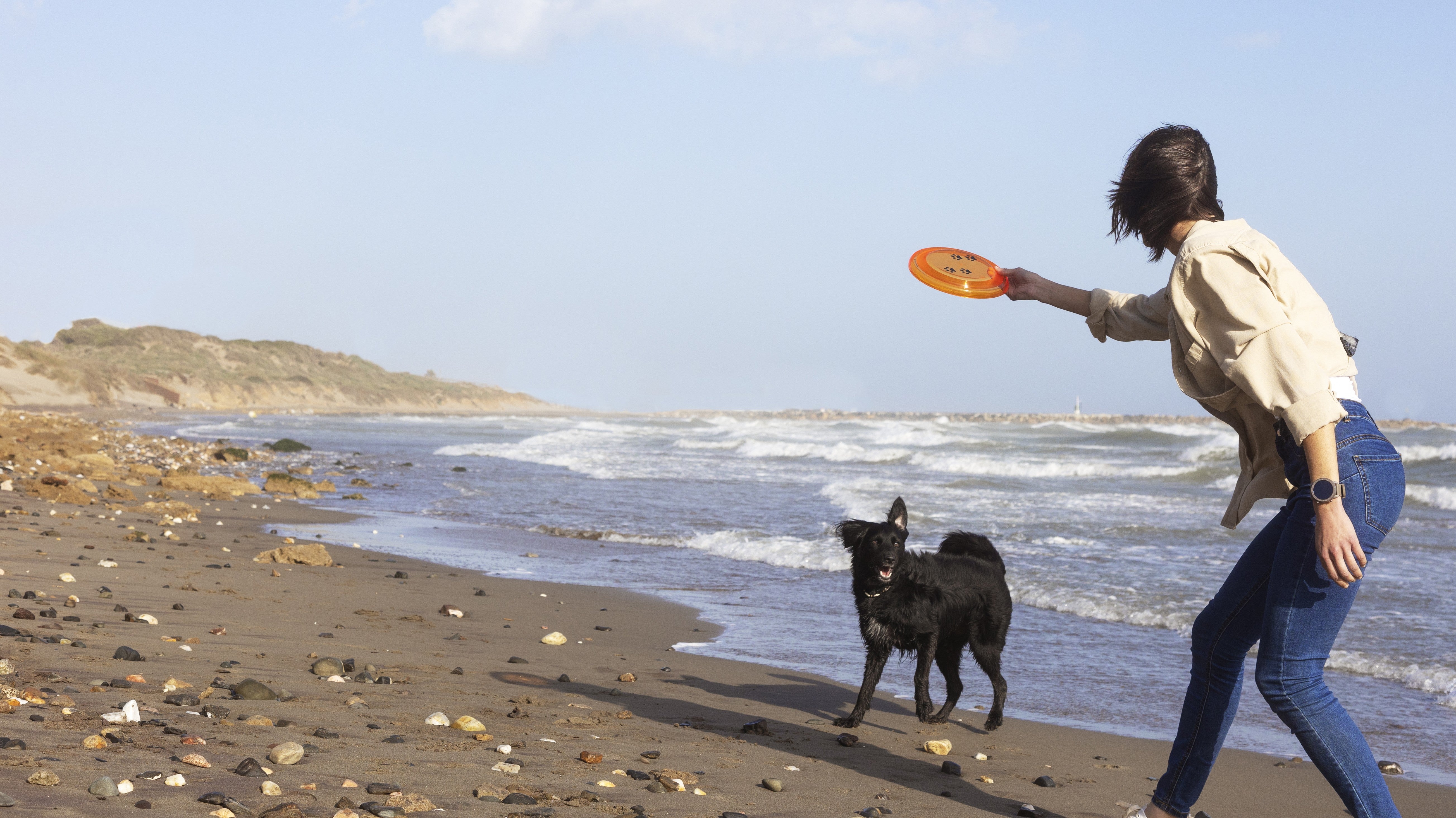 Woman plays fetch with dog on beach