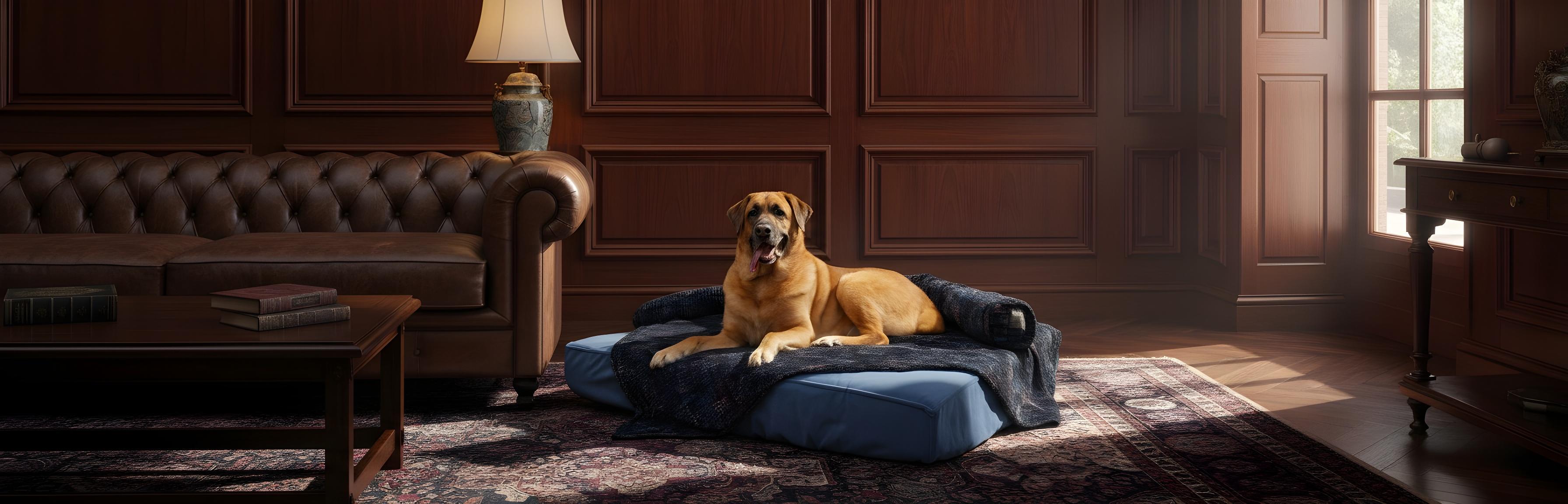 Dog on Blue Toby bed with Cuddle Blanket