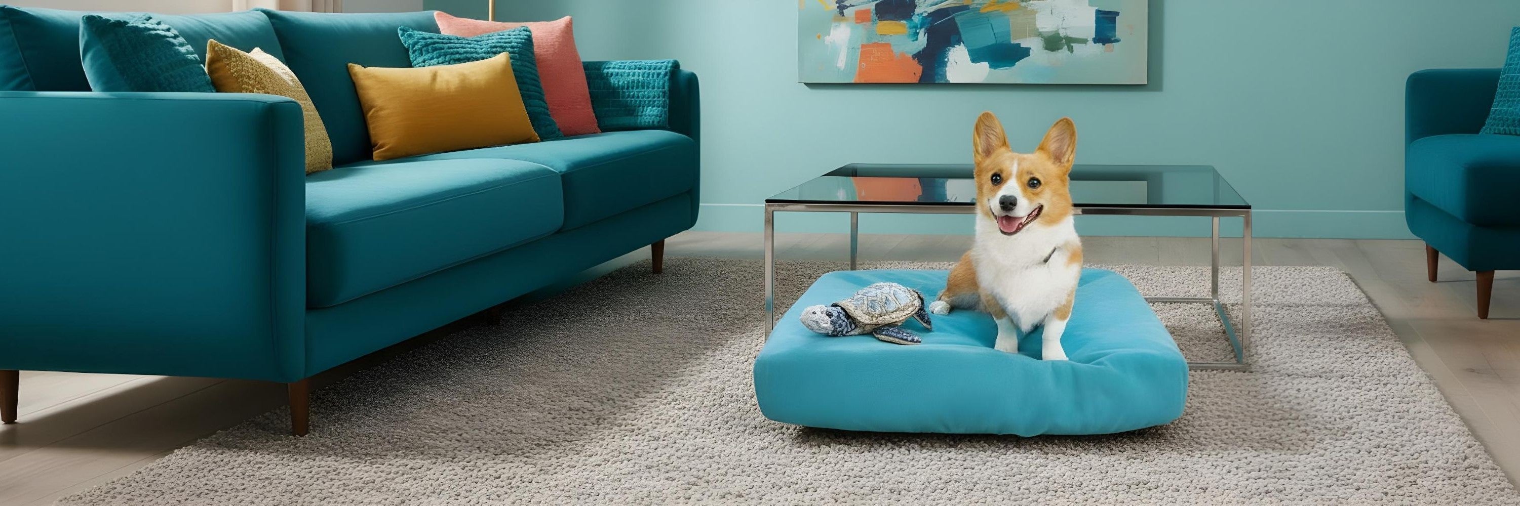Dog in colorful living room on teal Blue Toby pet bed