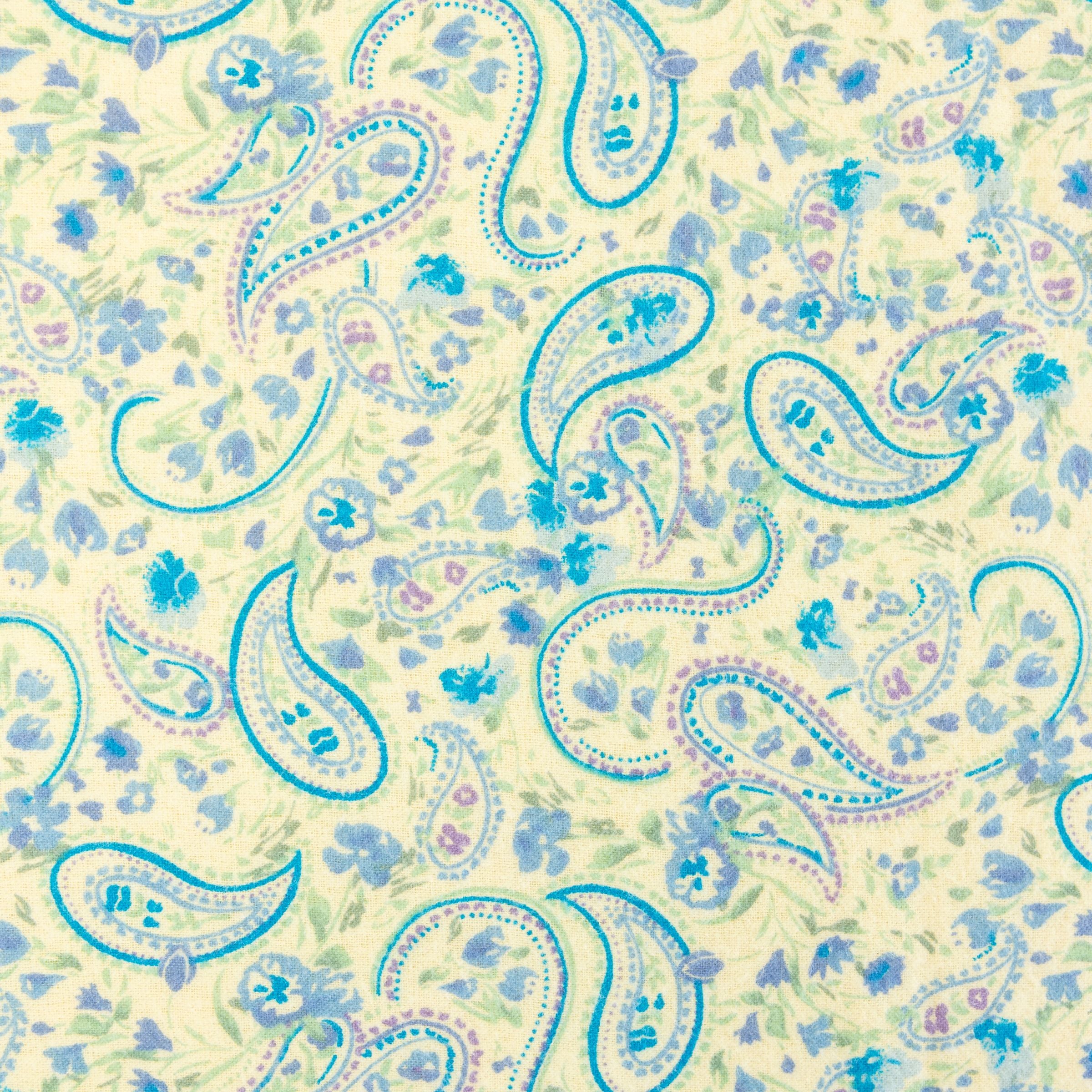 Blue Toby cotton flannel blanket pattern of blue paisleys and flowers on a butter yellow background