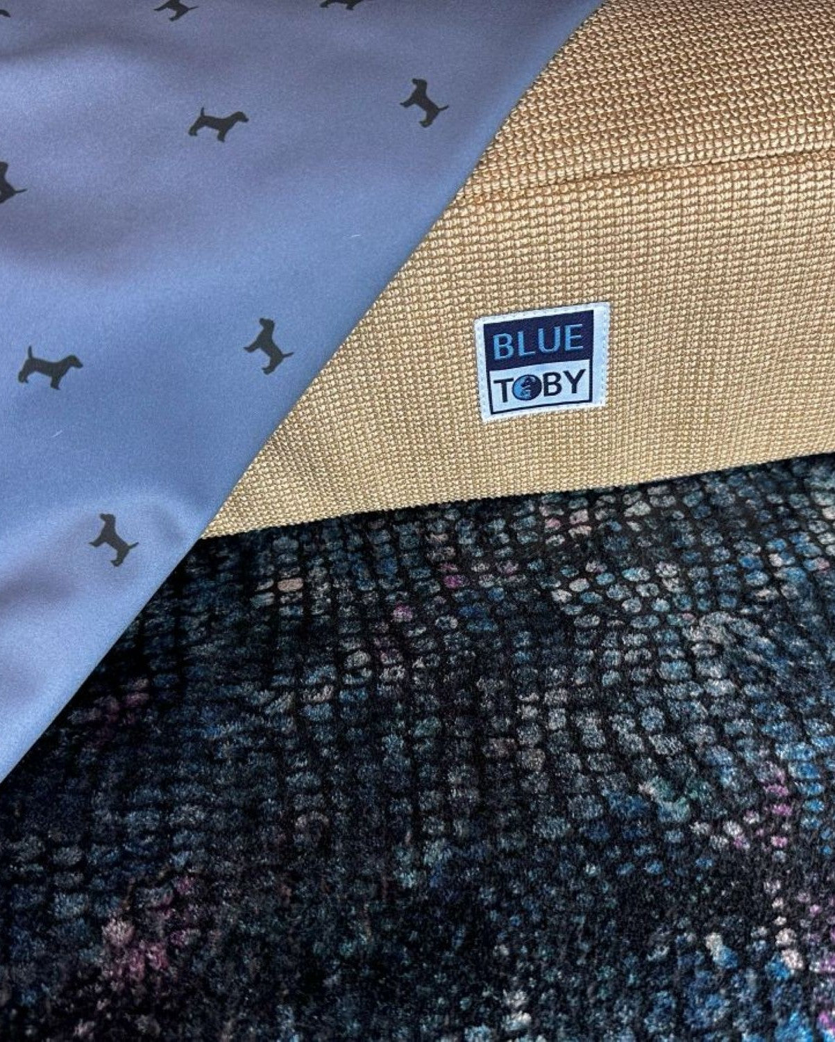 Close up of fabrics and pet bed from Blue Toby