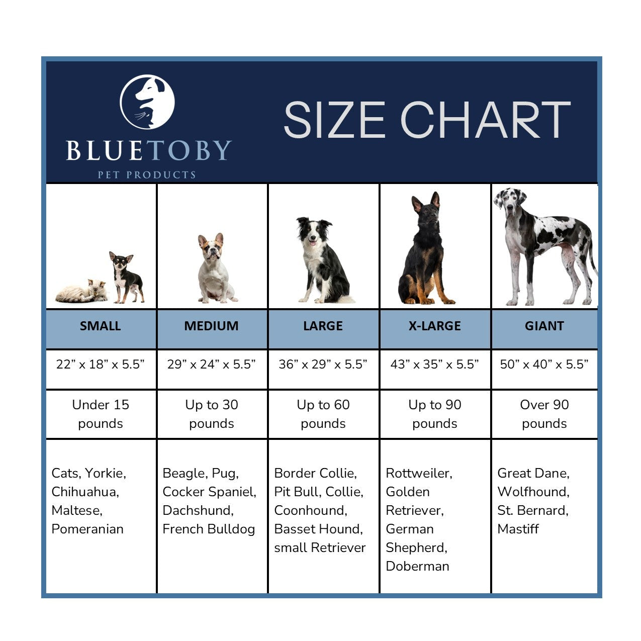 Bluetoby pet products size chart for dogs and cats