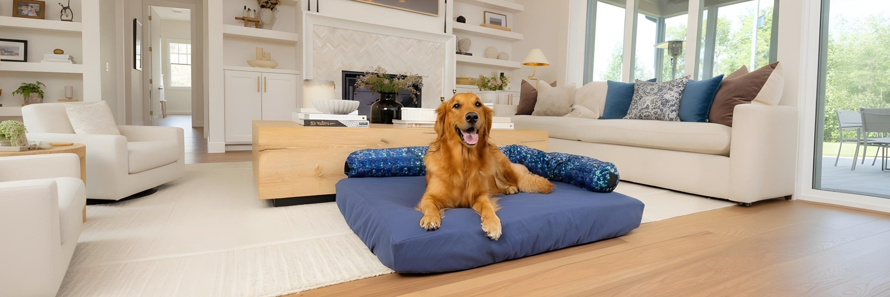 Golden retriever on Blue Toby bed and Nap Noodle pillow