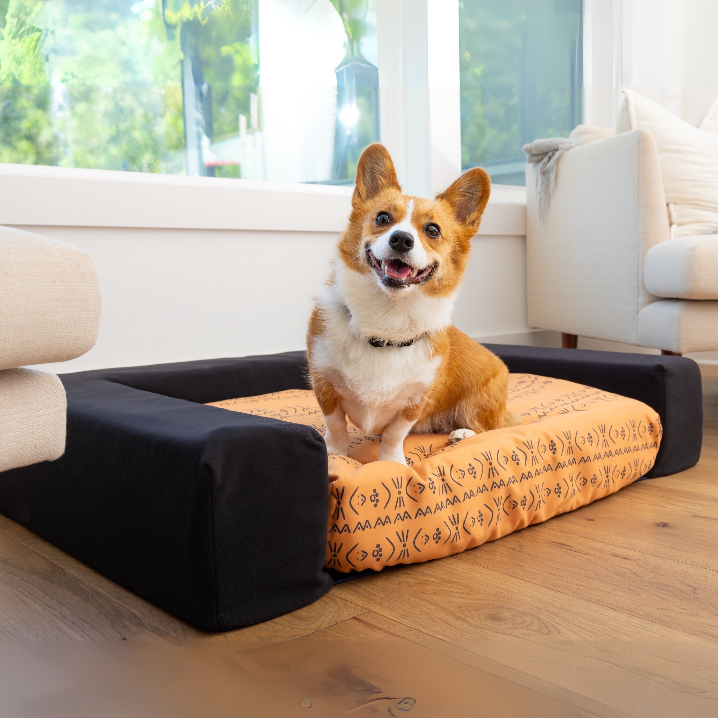 Blue Toby bolster in black with Slipcover in my tribe orange