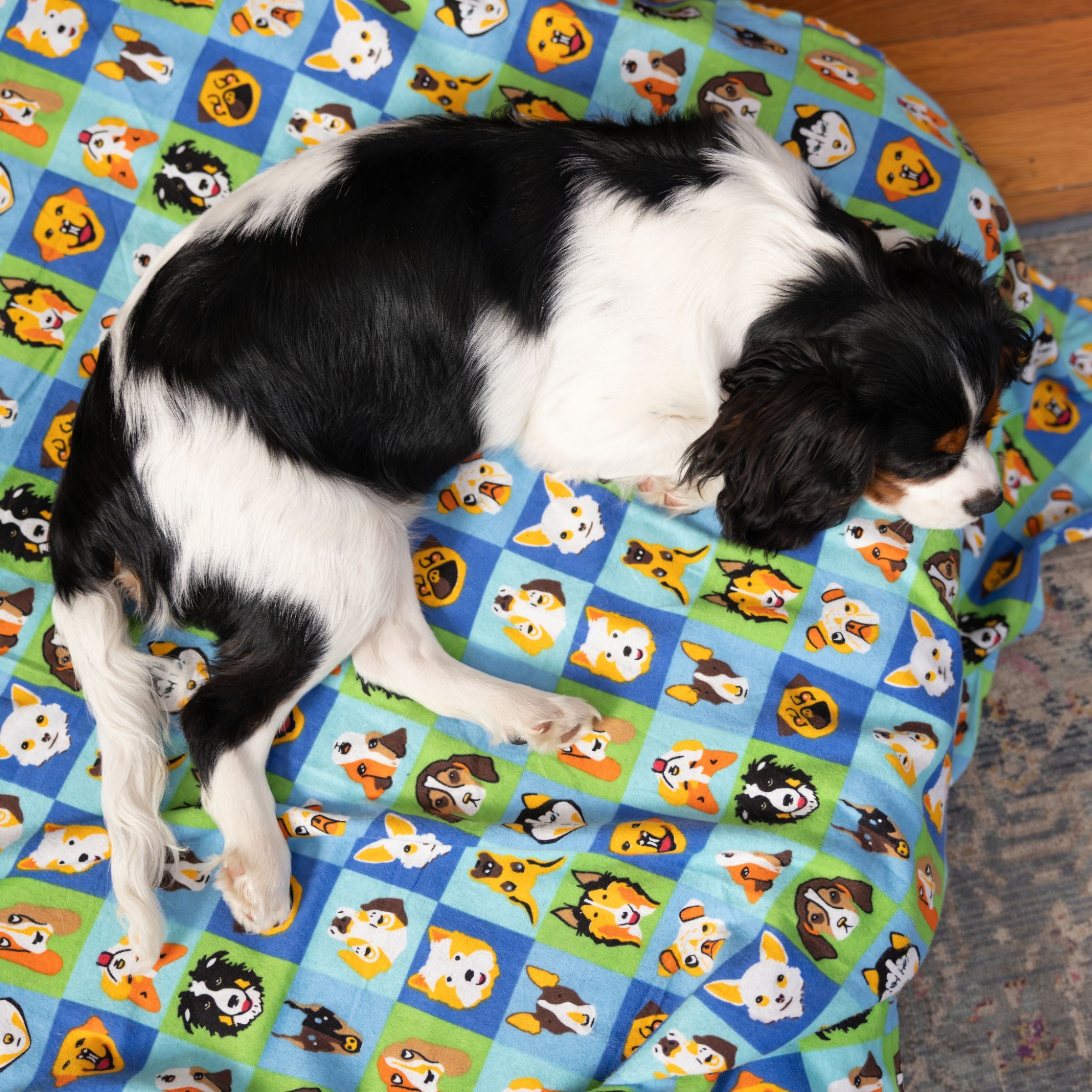 Dog lying on a colorful cotton flannel blanket with cartoon dog faces from Blue Toby